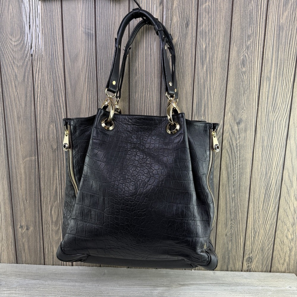 Henri Bendel Black Croc Embossed Leather Tote Bag Gold Hardware Zip
